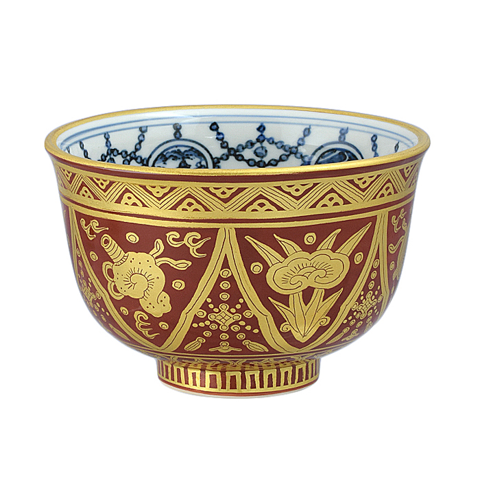 古物】茶碗 膳所焼 金襴手 宝尽し 陽炎園〈U0600〉