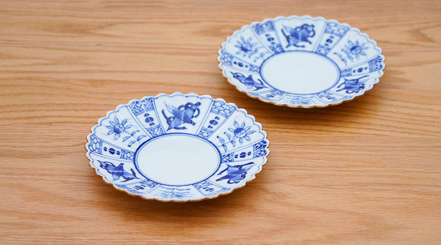 渕サビ芙蓉手菊型18cmプレート［梶謙製磁社］│ケーキ皿や取皿に