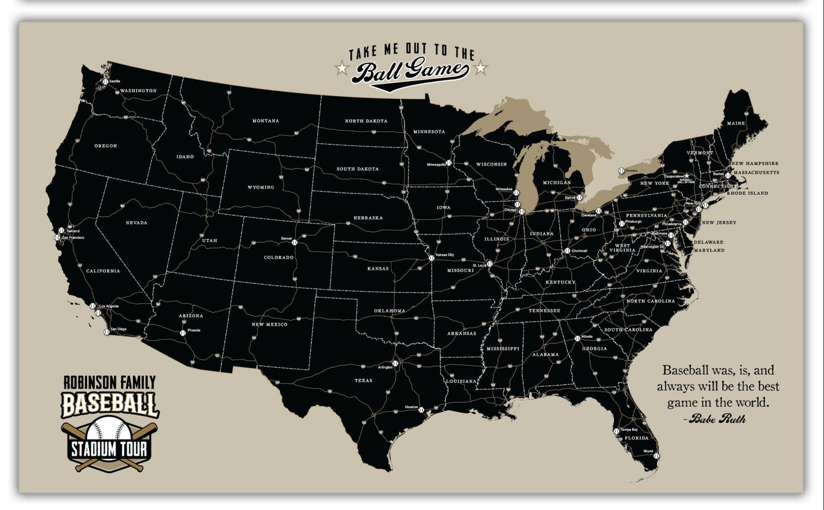 Baseball Stadium Tour Push Pin Map | Holy Cow Canvas