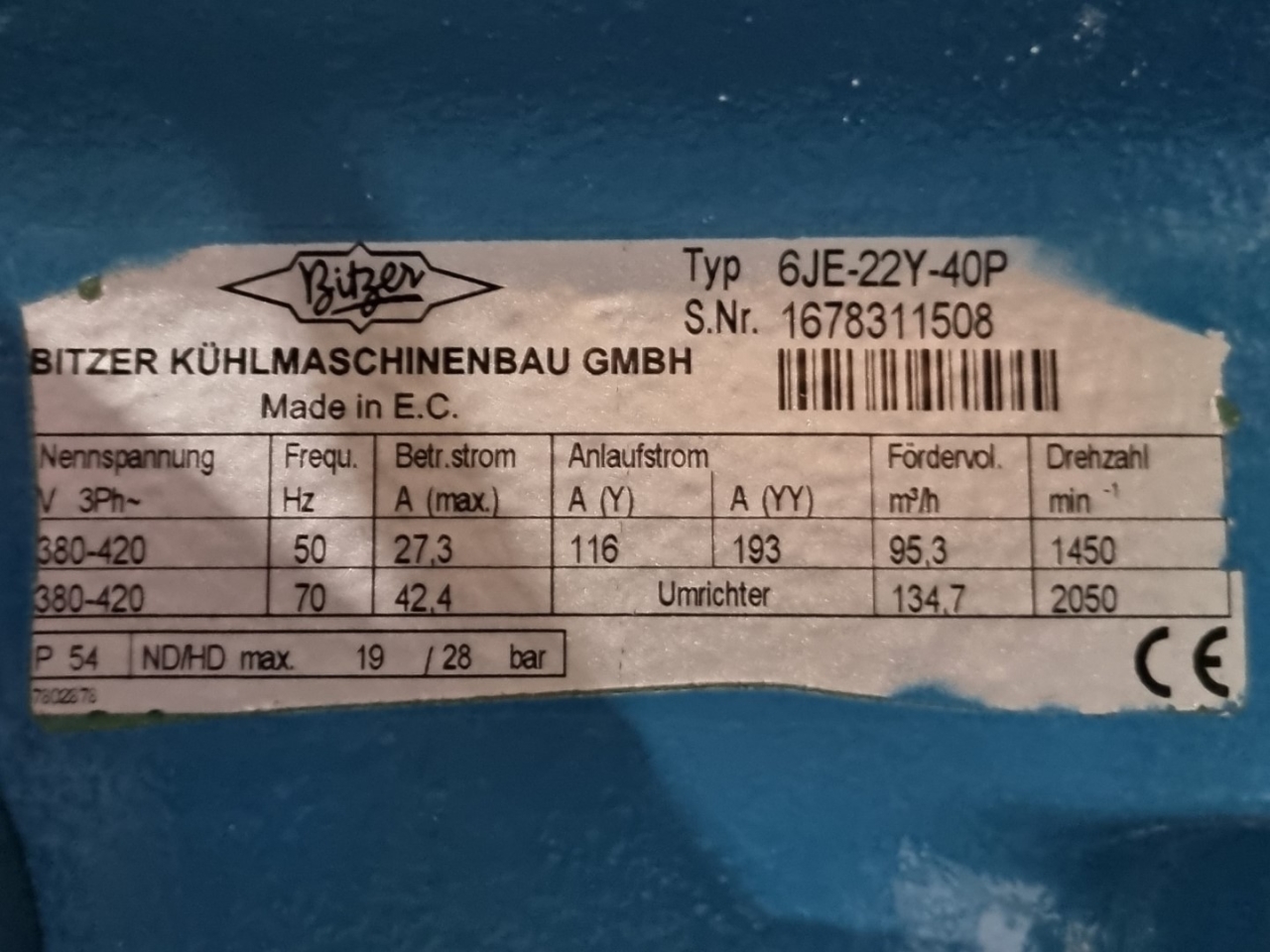 Used Bitzer 4PES-10Y-40P (x1) & 6JE-22Y-40P (x1) semi-hermetic