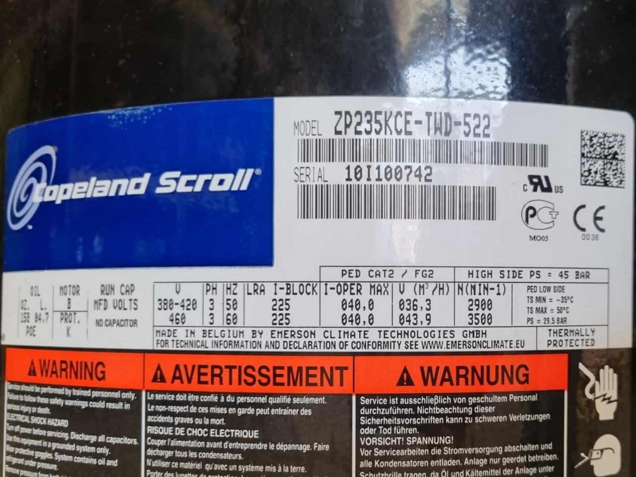 Used Copeland ZP235KCE-TWD-522 hermetic piston compressor Freon