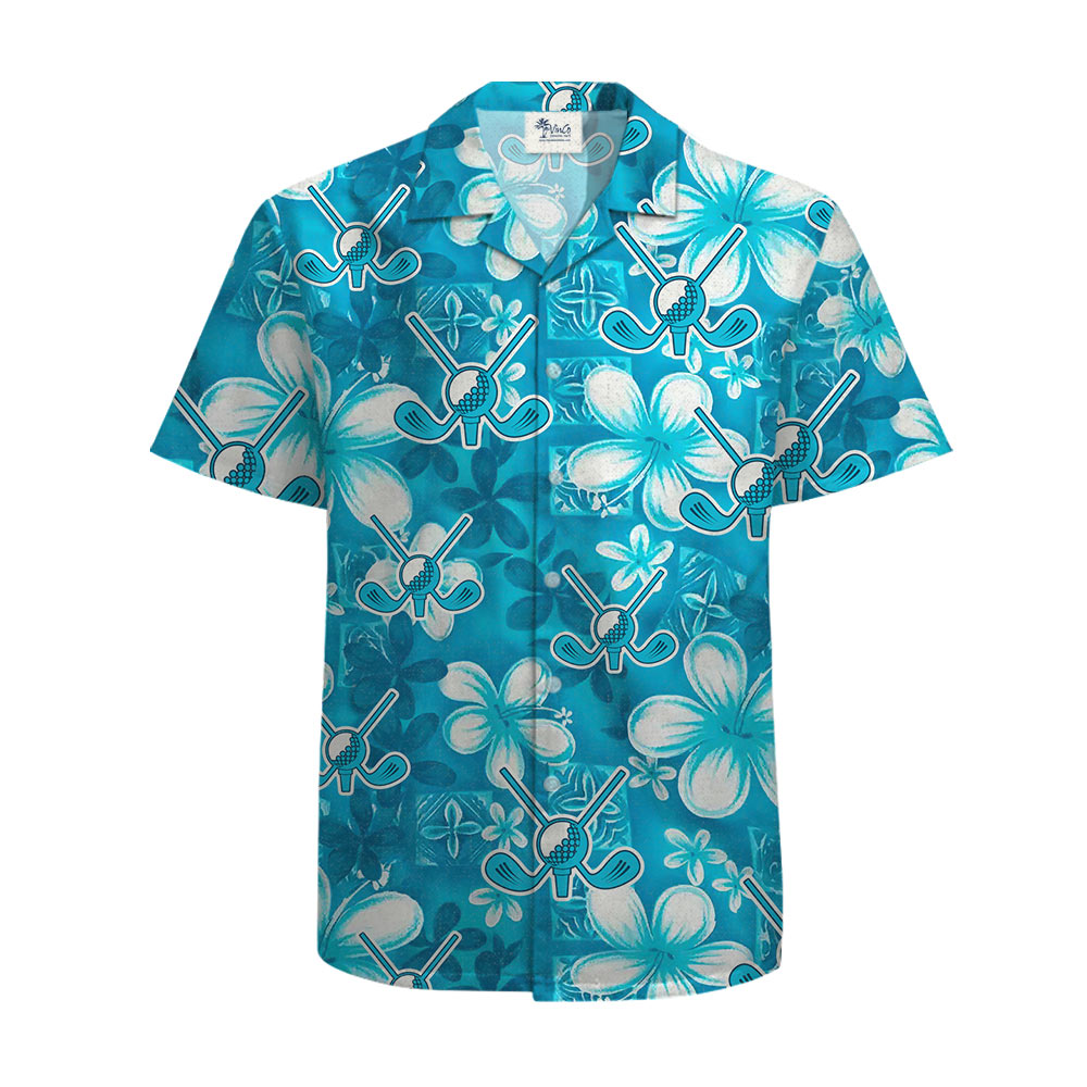 Floral Cotton Hawaiian Golf Shirt Blue Print For Men - VinCo