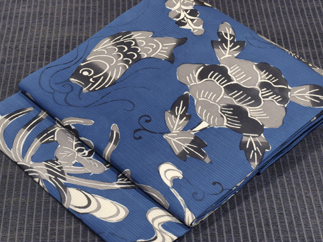 帯のアトリエ花邑 hanamura 銀座「草花に鯉文様 型絵染め 絽 名古屋帯」