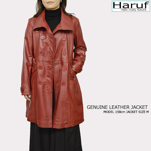 シンプルでおしゃれなレディースの本革ラムレザーステンカラーコート