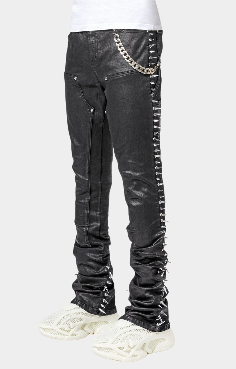 Guapi Obsidian Black Spikes Denim | Waxed Stacked Jeans with Metal