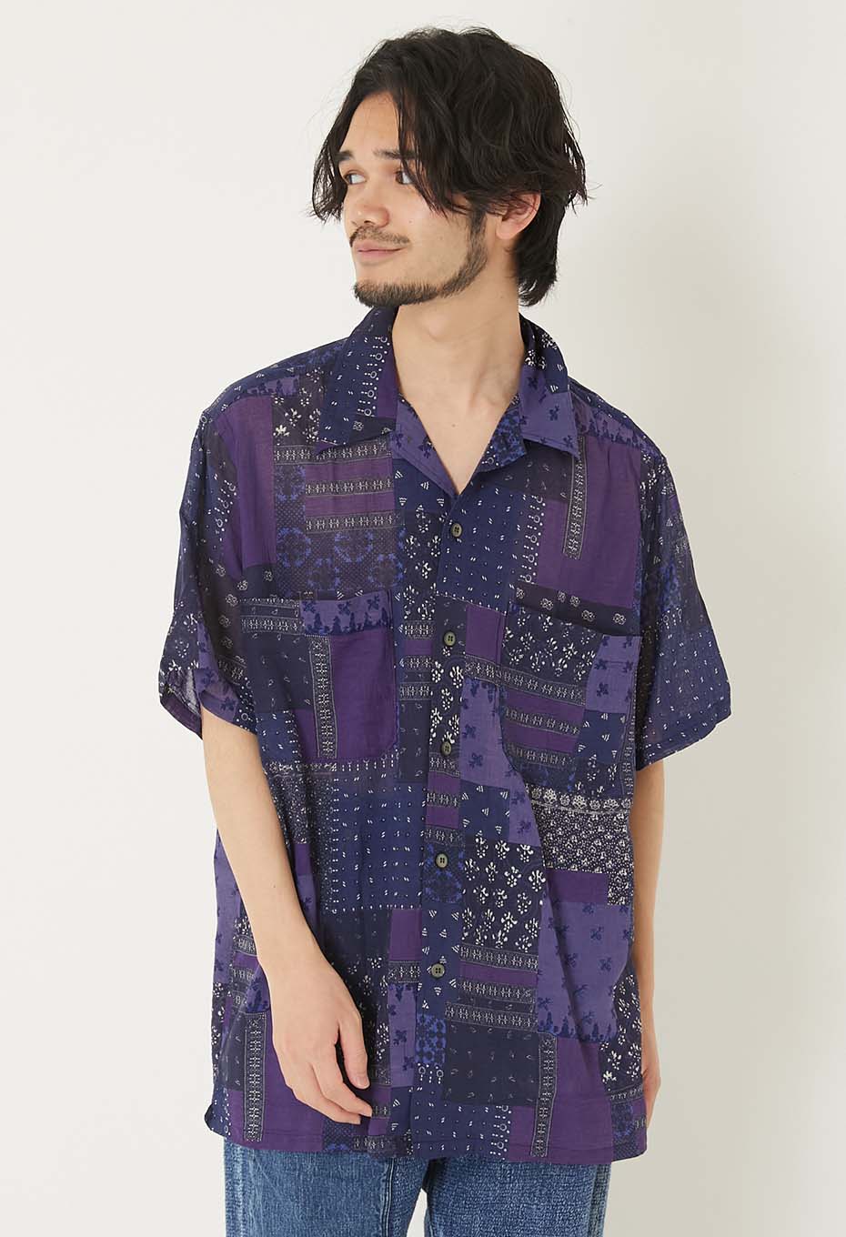 バンダナ パッチワークガーゼ プリントショートスリーブシャツ | BLUE