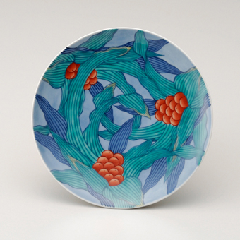 色鍋島万年青文高台皿 色鍋島今右衛門技術保存会作｜十四代今泉今右