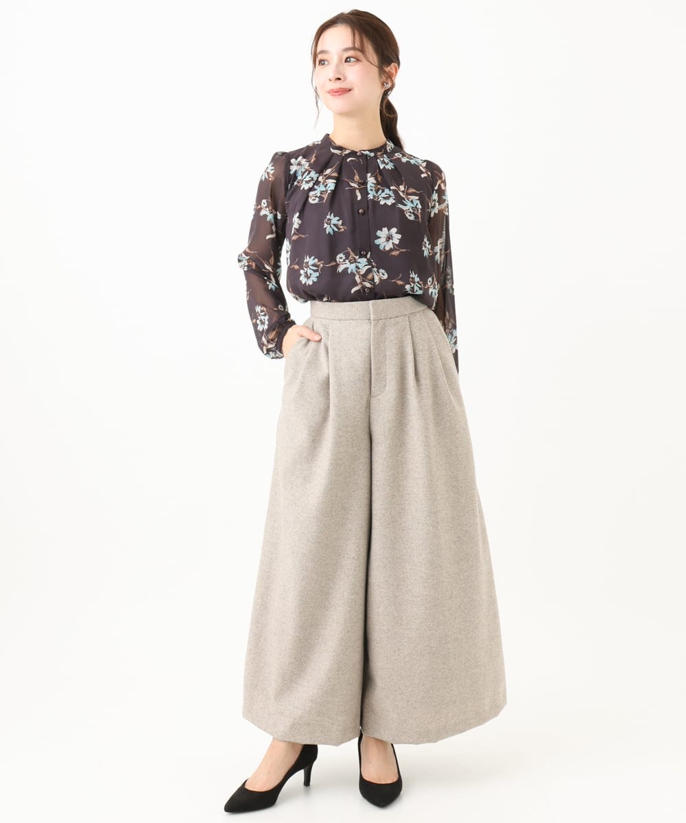 小さいサイズ】花柄フロント釦シフォンブラウス/洗える(ブラウス