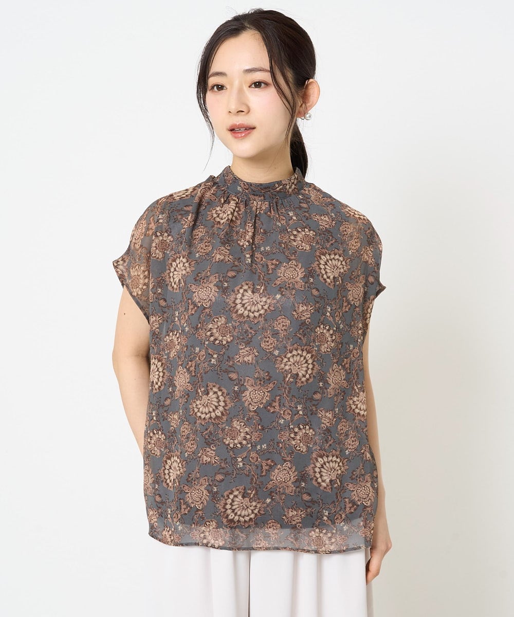 小さいサイズ】更紗プリント花柄シフォンブラウス/前後2way/洗える