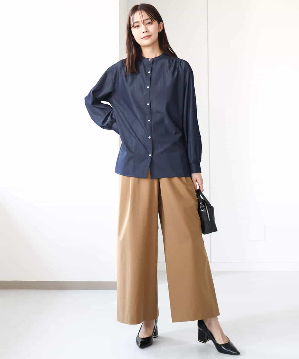 ボウタイ付きデニムライクバンドカラーブラウス/洗える(ブラウス