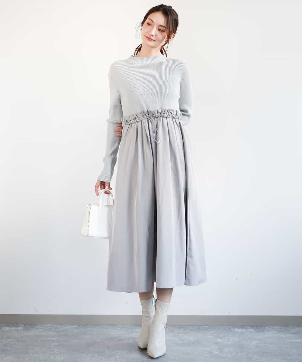 ニット×タフタ タックギャザー切替えワンピース/洗える(ワンピース