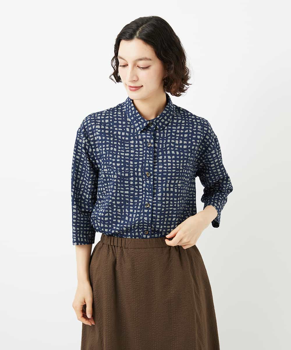 日本製]ミラクルウェーブブロックプリントブラウス(ブラウス・シャツ