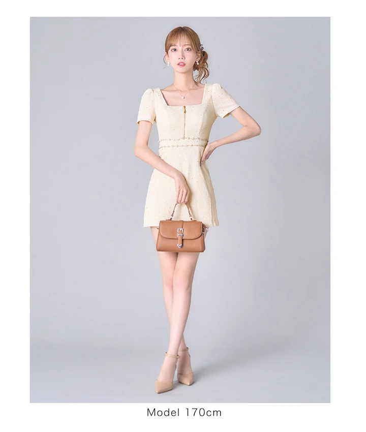 スクエアネックフロントジップワンピースミニドレス/キャバドレス【XS
