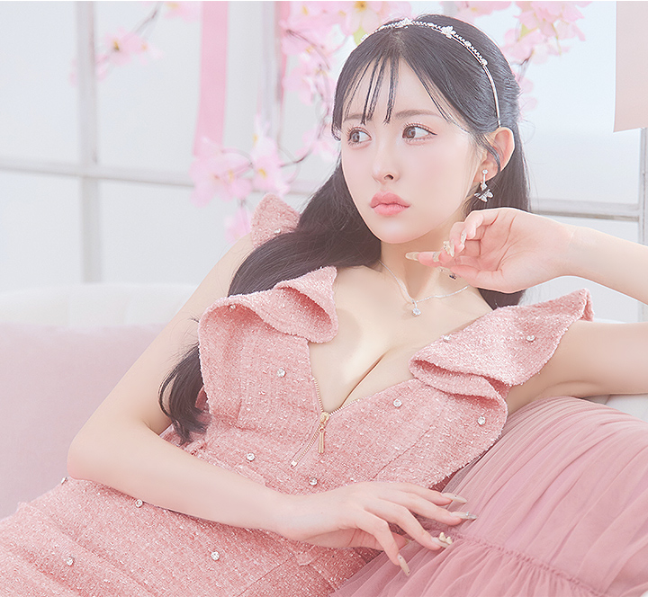 新色登場！ビジューラメツイードフリルドレス/キャバドレス【XS-XL