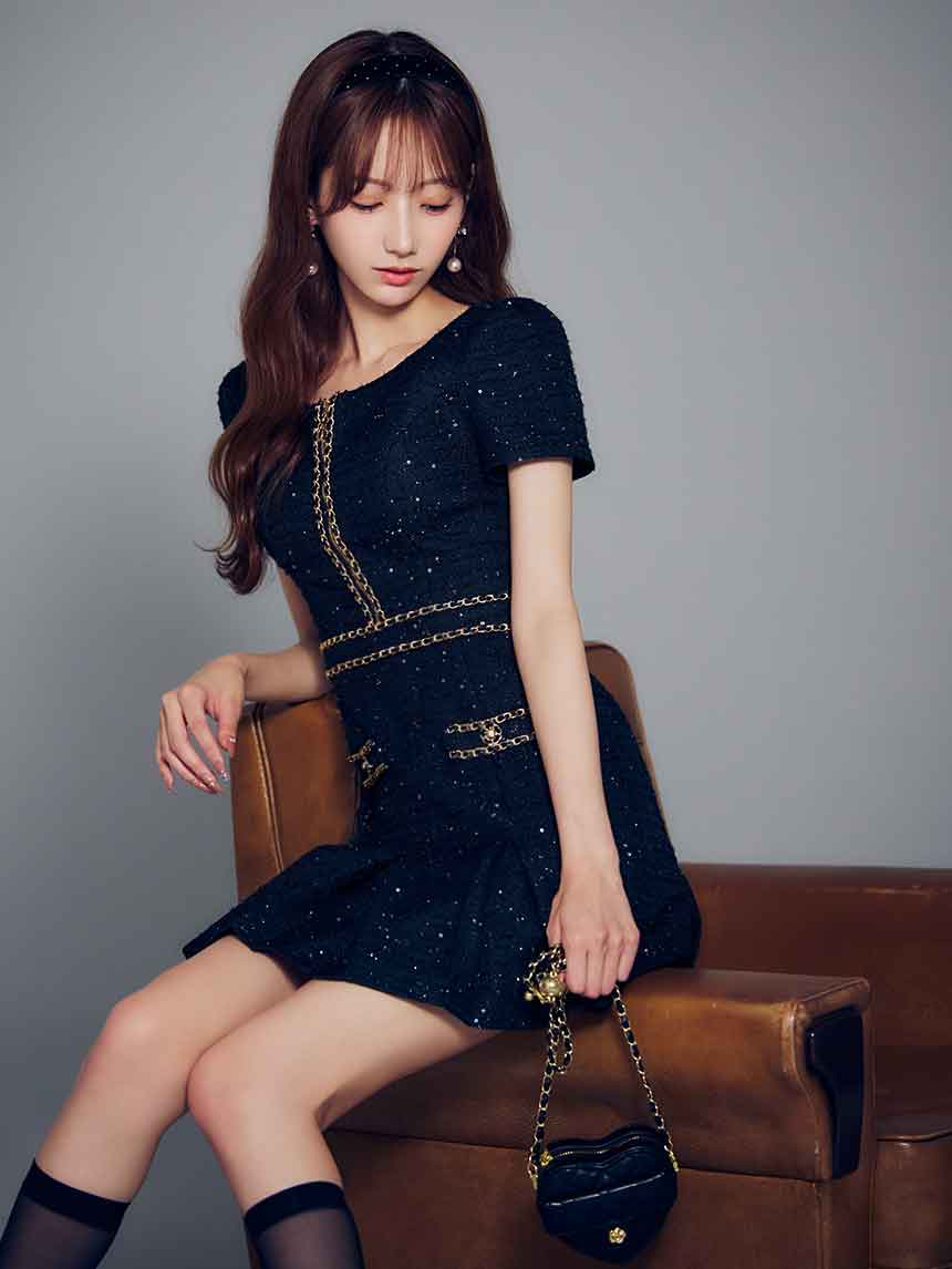 ツイードチェーンプリーツミニドレス/キャバドレス【SB】【XS-XLサイズ