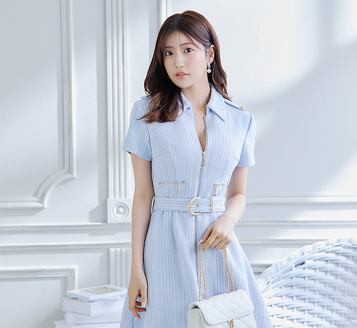 SALE!フロントジップワンピース/襟付き/ベルト/谷間隠し/背中隠し/ミニ