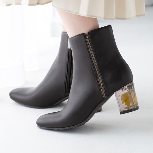 クリアフラワーヒールショートブーツ(M ブラックスエード): ブーツ