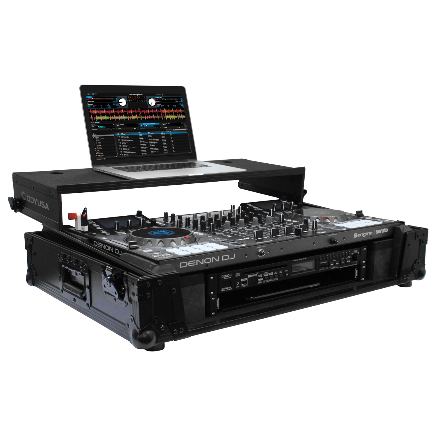 Black Denon MCX8000 Flight Case with 2U Rack Space, Wheels, and
