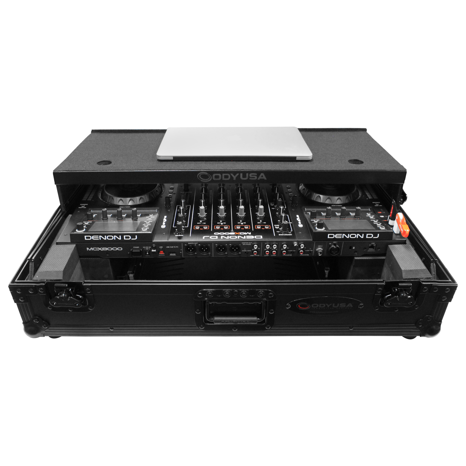 Black Denon MCX8000 Flight Case with 2U Rack Space, Wheels, and