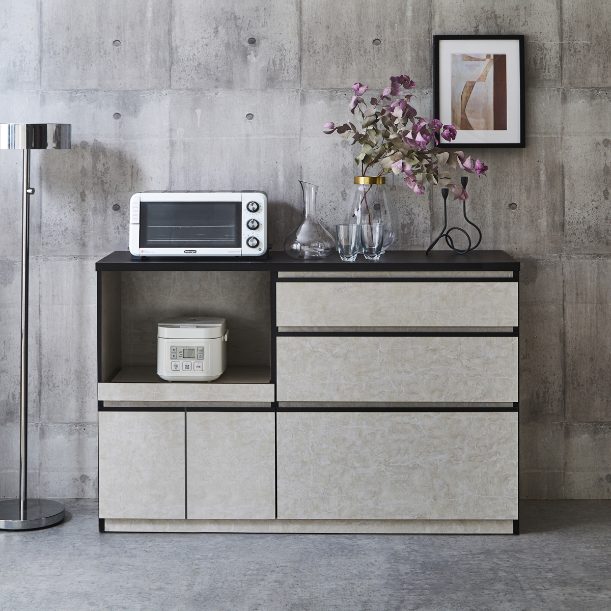 上品な大理石調のモダンデザイン!なのに収納力たっぷりの国産完成品