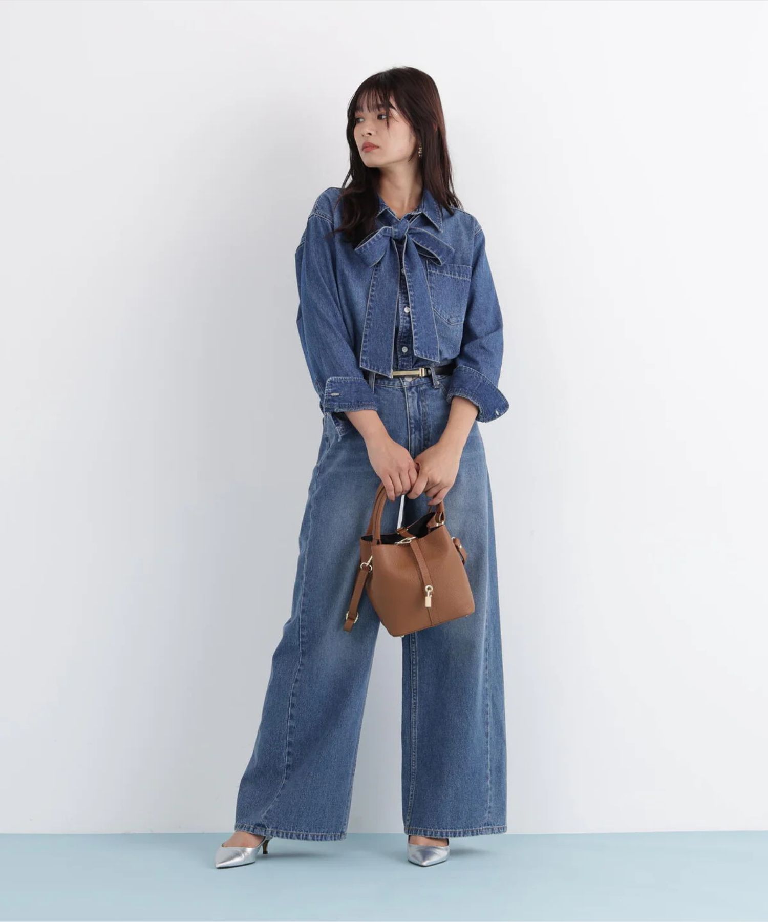 PINKY&DIANNE - ネックリボンデニムシャツ(インディゴ)コットン100