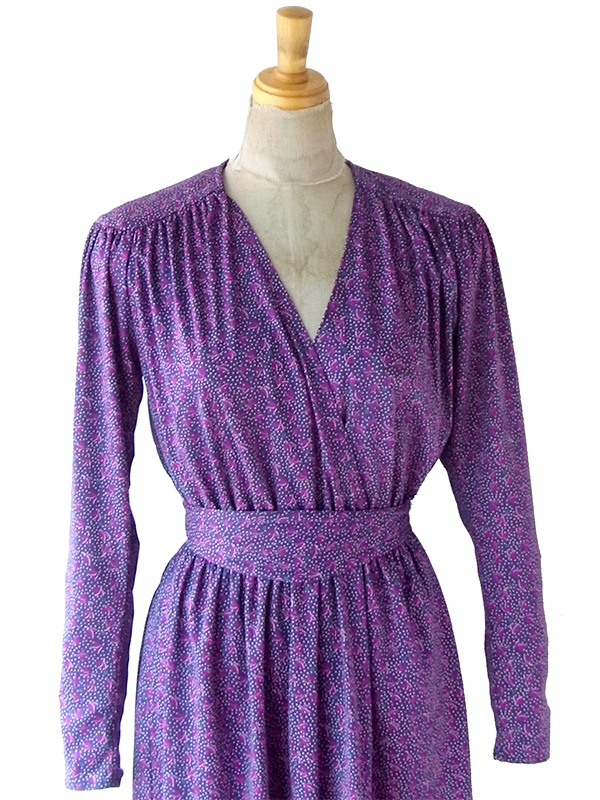 送料無料】フランス買い付け 70年代製 パープル X ドット・花柄 共布