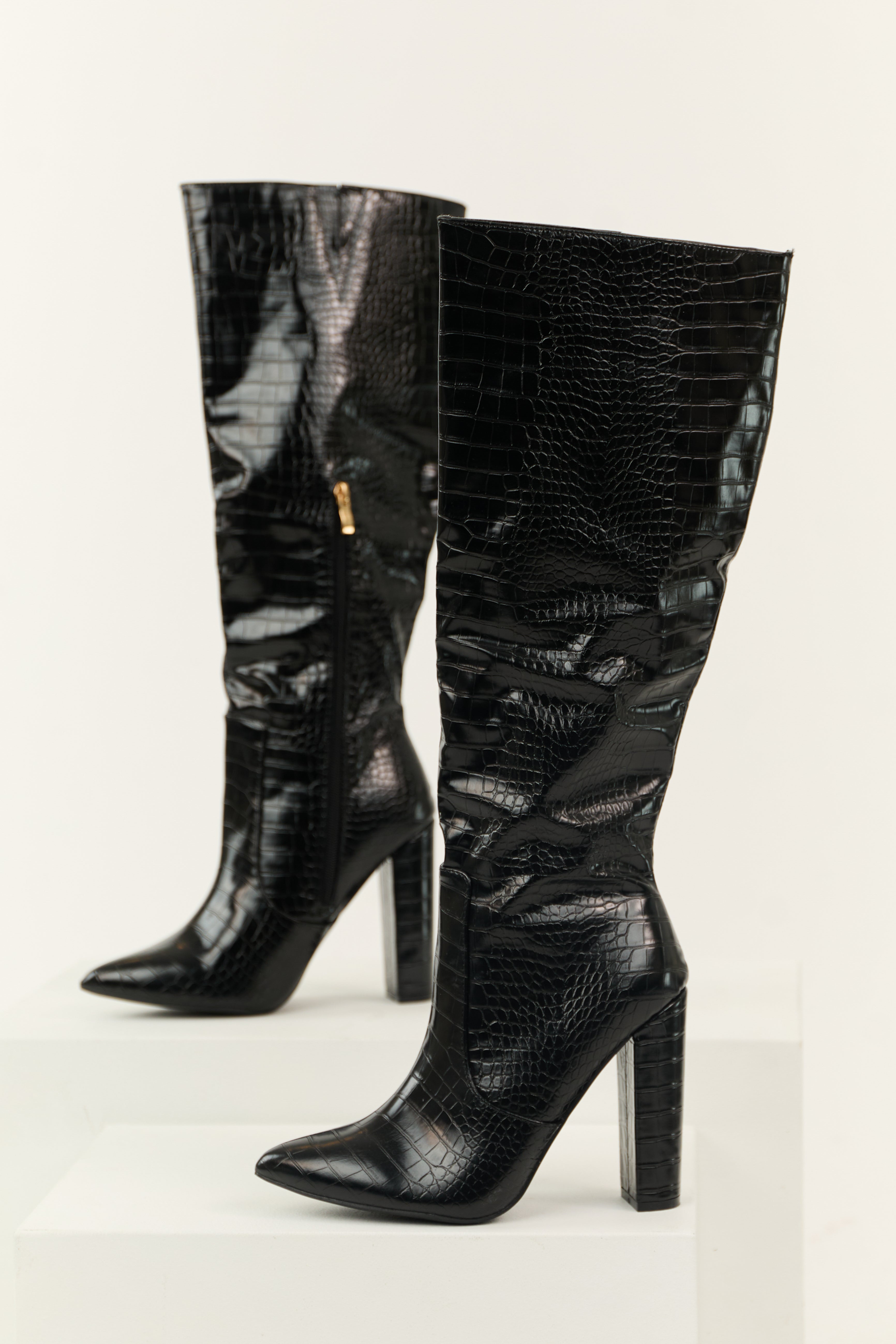 Black Faux Leather Crocodile Heeled Boots | Lime Lush Boutique