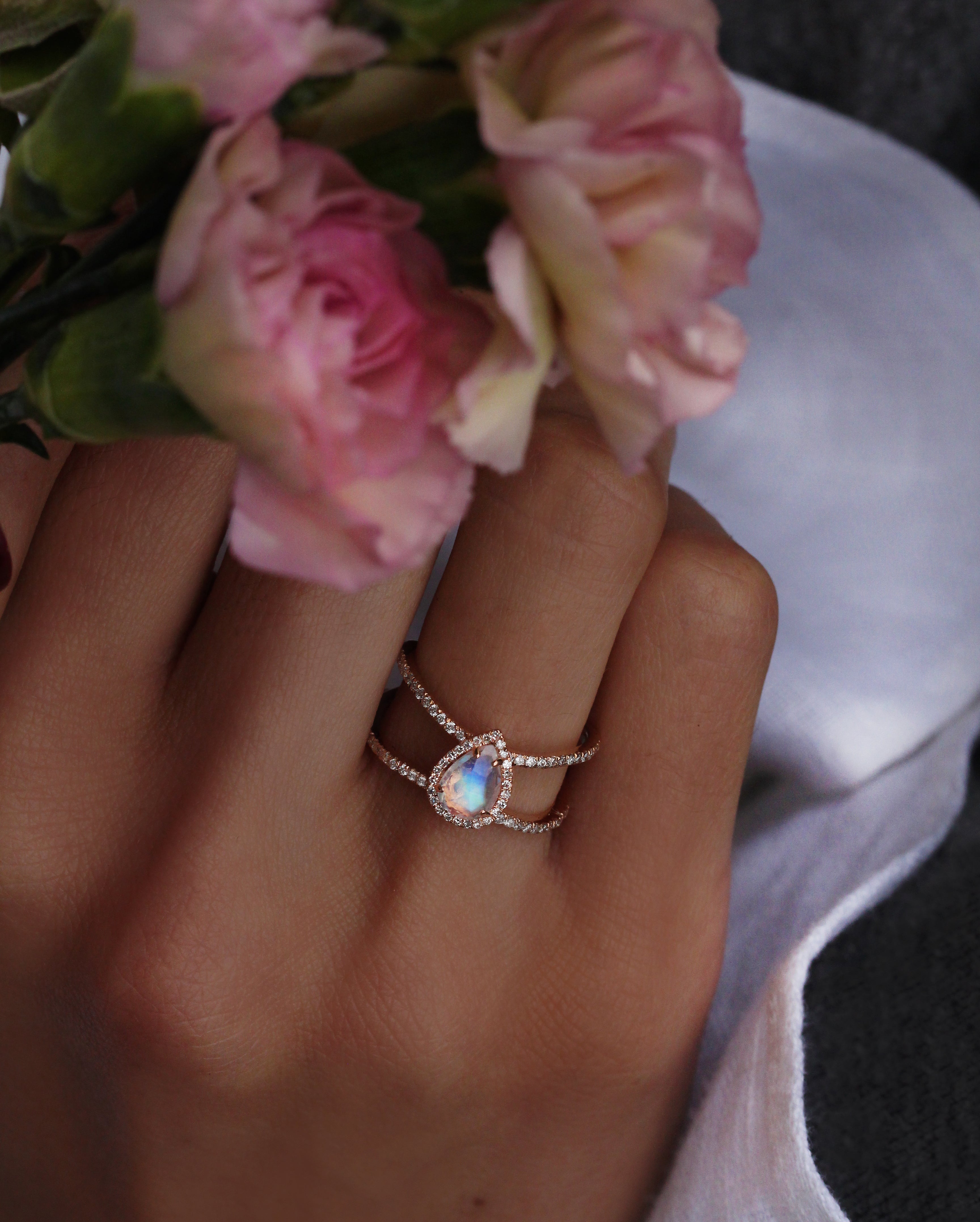 14kt gold and diamond Double Band Teardrop Moonstone ring | Luna Skye