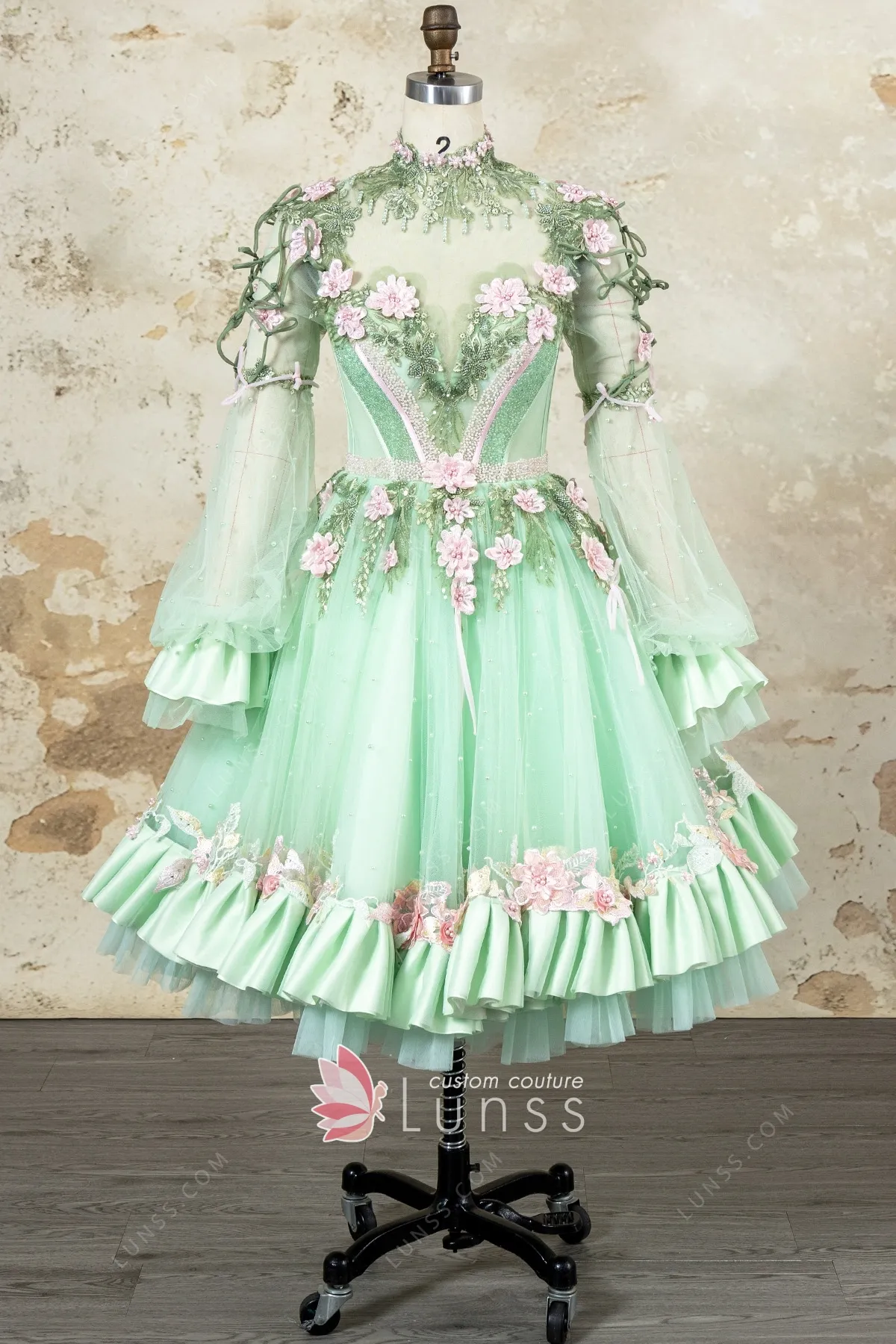 Fairy Mint Green Pink Blossoms Beaded Midi Sweet-16 Dress - Lunss