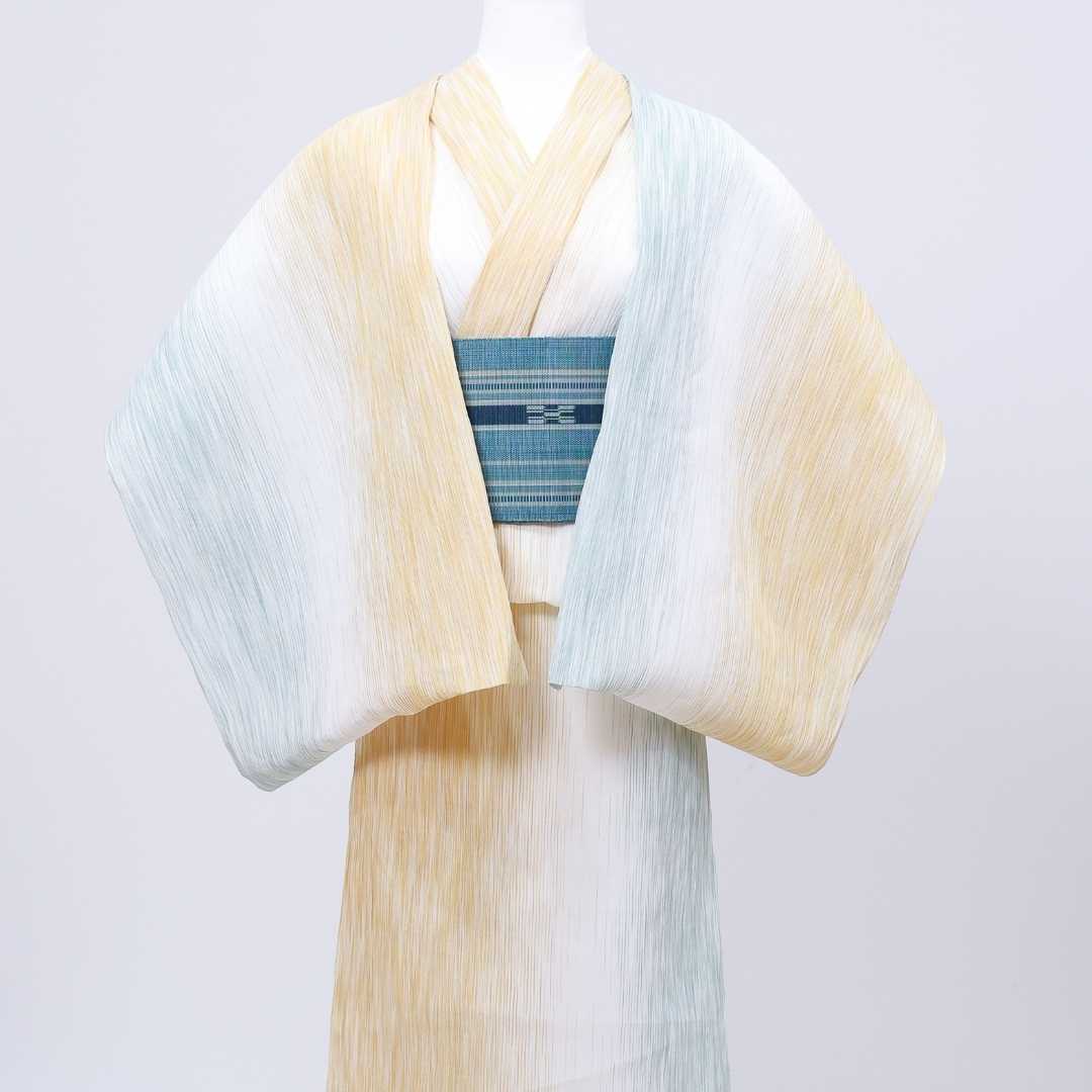 小千谷縮「乱絣」白ベースに黄×緑/杉山織物/麻着物 | 普段着きものもたはん