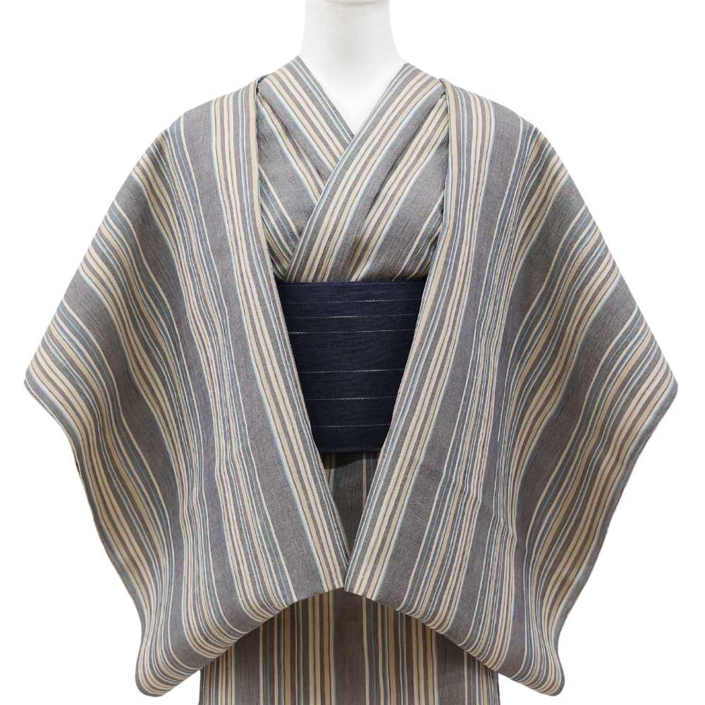 洗える綿麻着物 近江ちぢみ「生成りブルー×マルチストライプ」｜ひでや