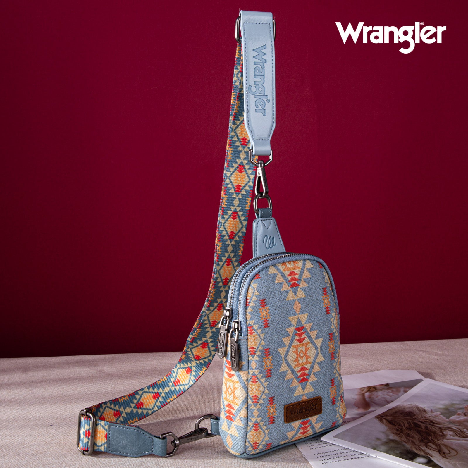 WG2205-210 Wrangler Aztec Print Crossbody Sling Chest Bag - Jean