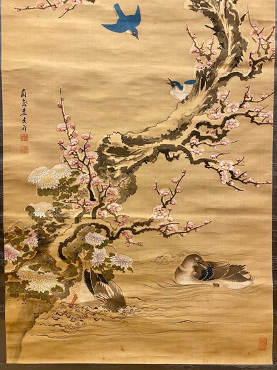 橋本関雪 掛け軸 「梅と宿禽」 叭々鳥 橋本関雪 掛け軸 「梅と宿禽