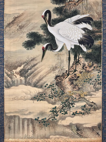 掛け軸 中島佳香 老松双鶴 絹本 希少 軸装 茶道具 掛軸 美品 です