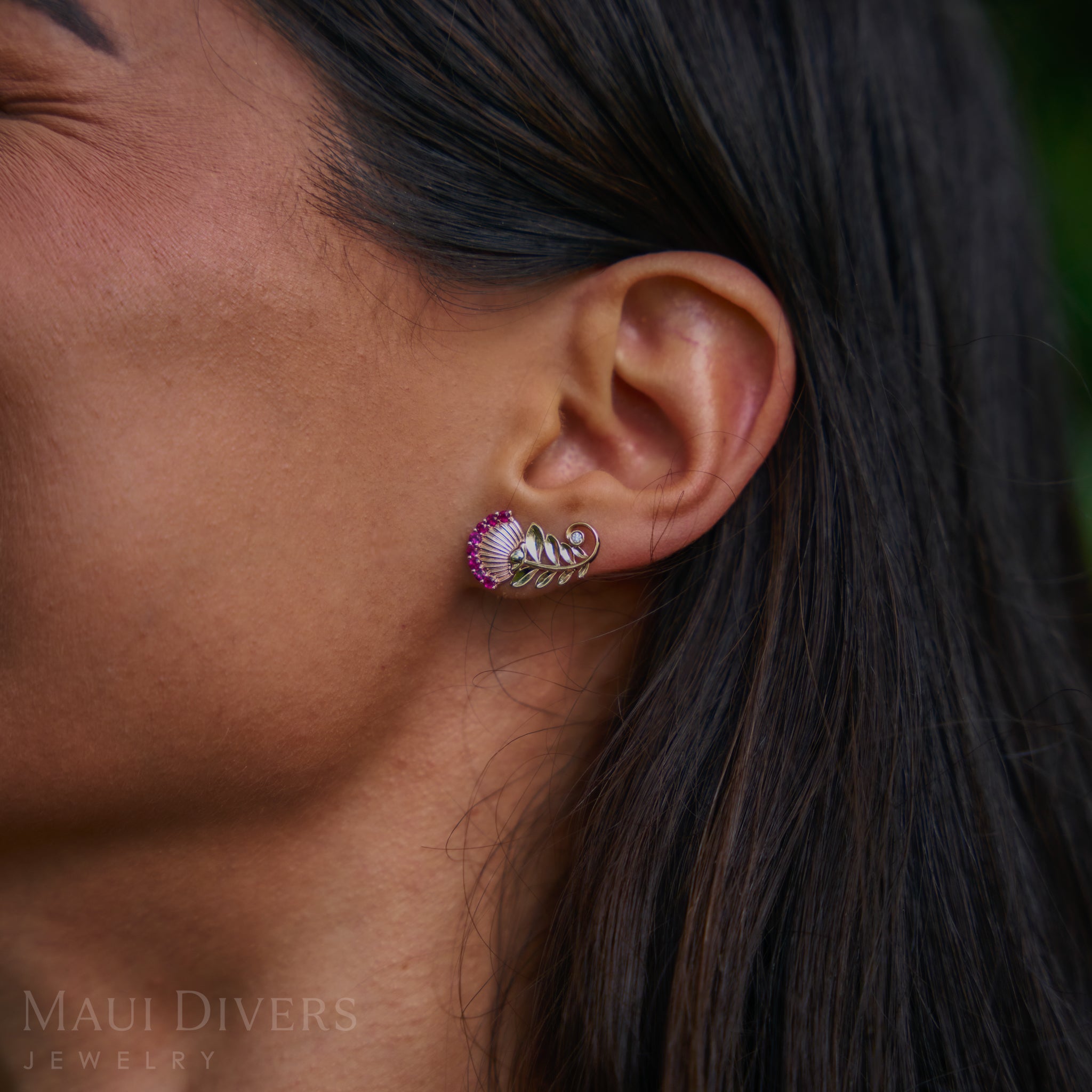 ʻŌhiʻa Lehua Ruby Stud Earrings in Two Tone Gold with Diamonds - 19mm