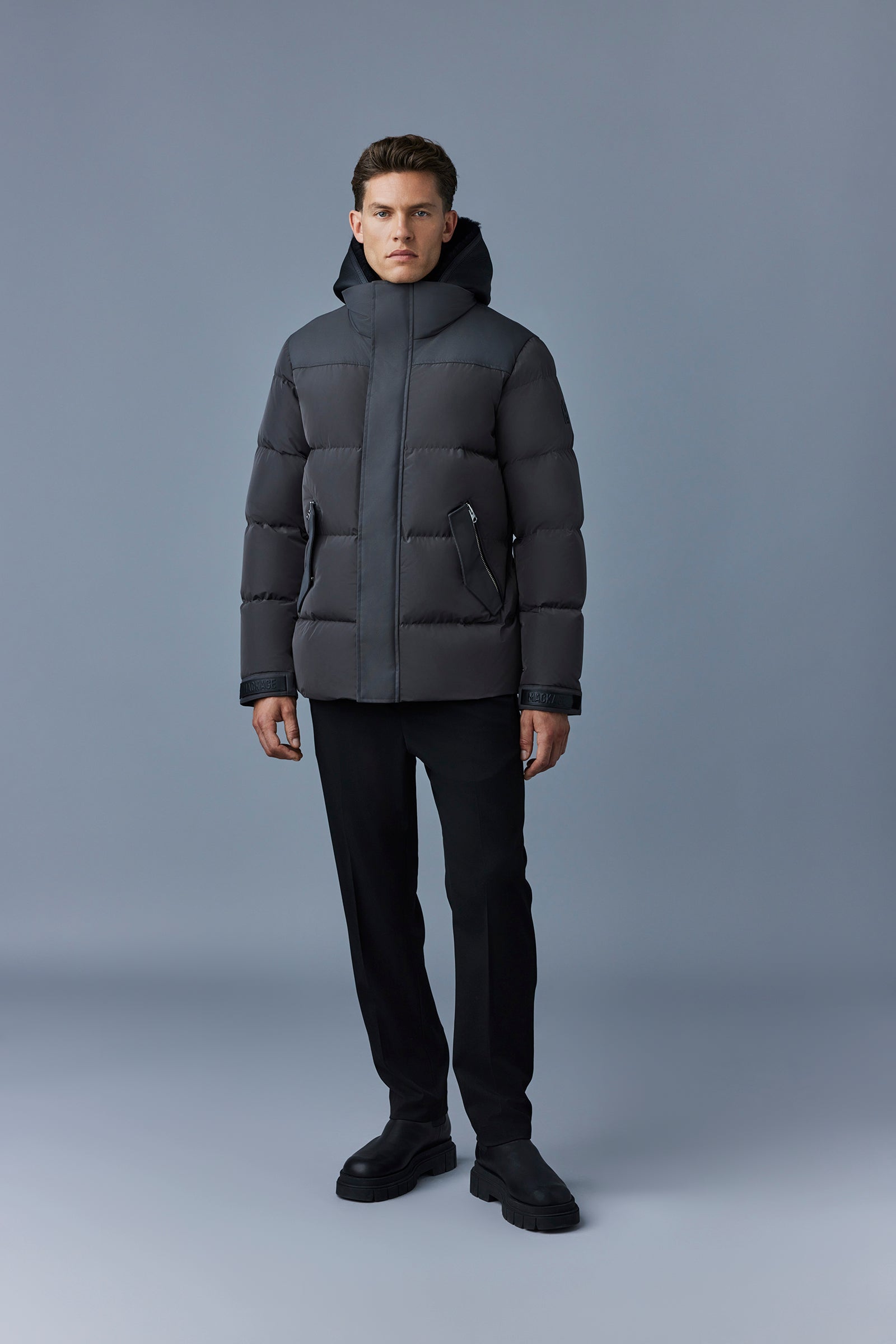 Riley, Classic down jacket with removable shearling bib for men