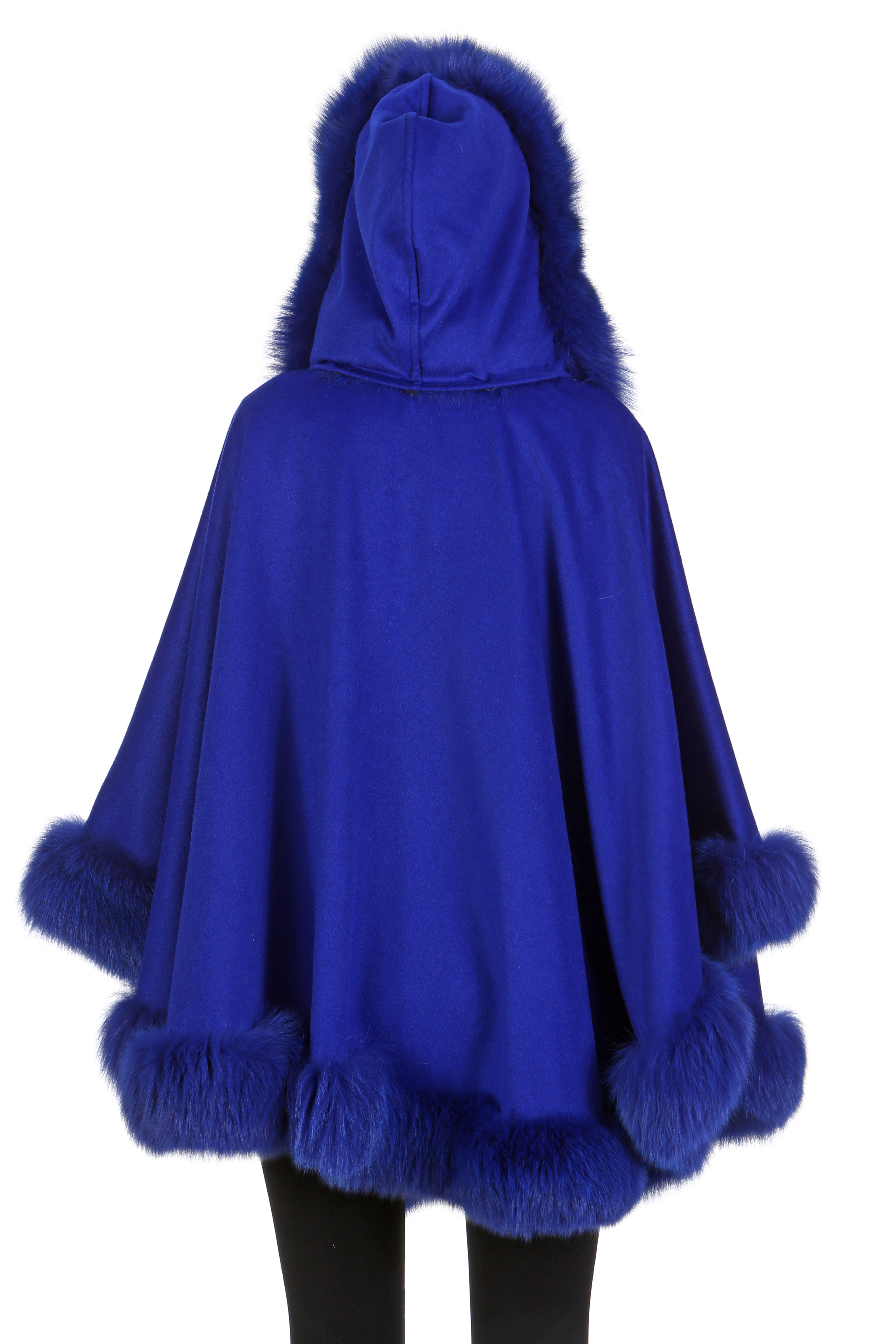 Royal Blue Cashmere Cape – Fox Trim- Detachable Hood – Madison