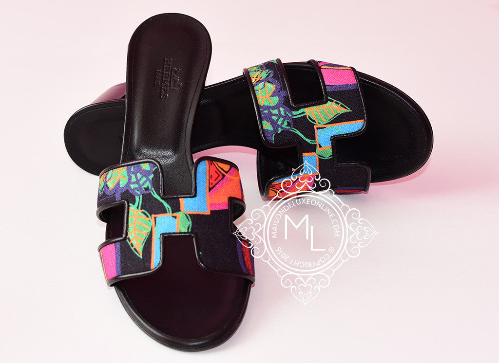 Hermes Womens Noir Modernisme Tropical Oasis 36.5 Shoes Sandal