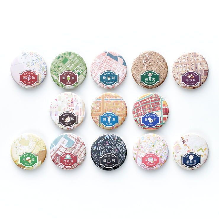 街まち】缶バッジチャーム(スタンド付き）/レトロ 鹿児島｜地図グッズ