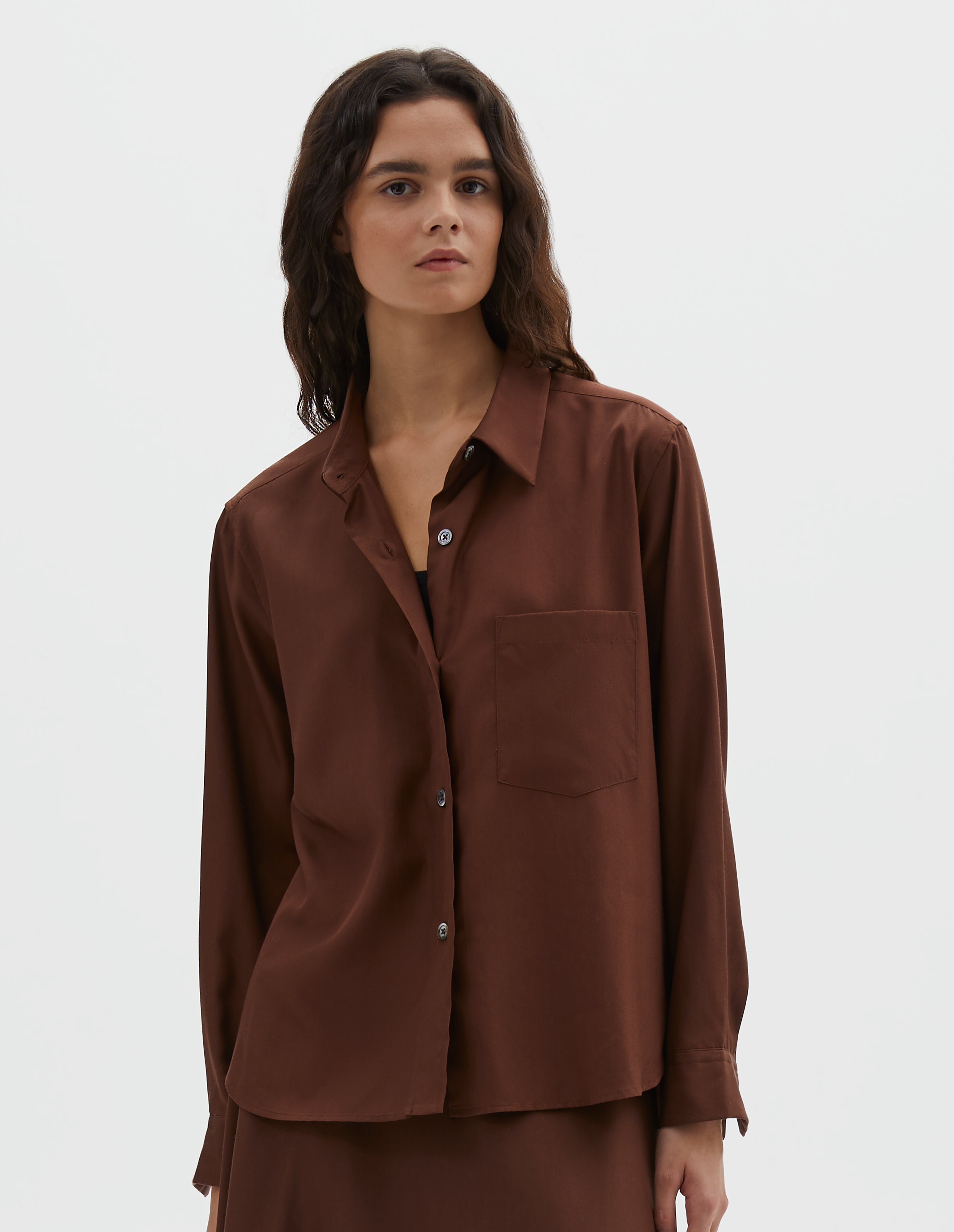Rich brown matt silk Simple Shirt | Margaret Howell