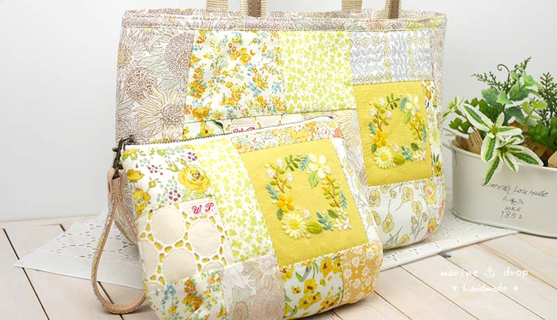 刺繍パッチワーク トート＆ポーチ(イエロー) | Marinedrop