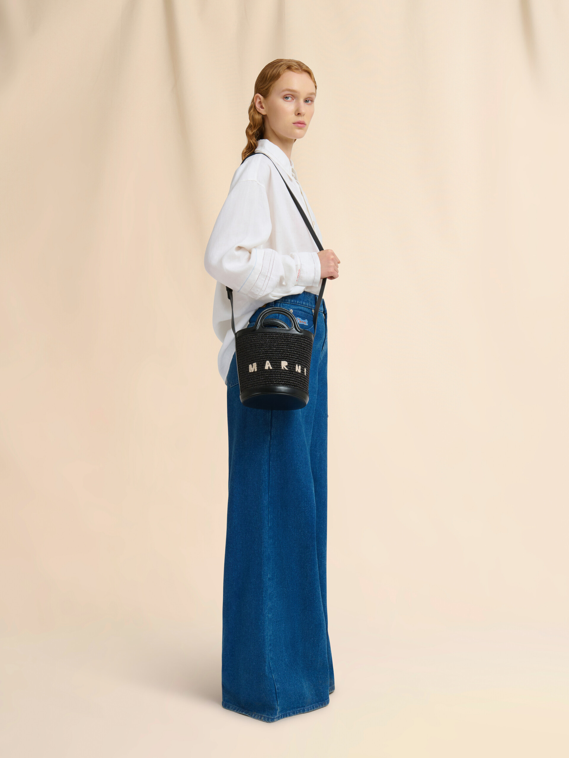 Tropicalia Small Bucket Bag in black leather and raffia-effect