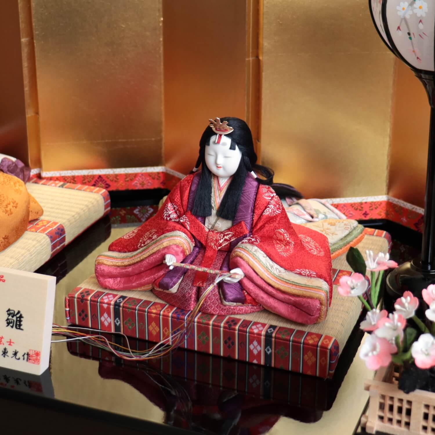 伝統的工芸品 柿沼東光作 伝産・吉祥雛 黄櫨染 本仕立箔押屏風 手描き