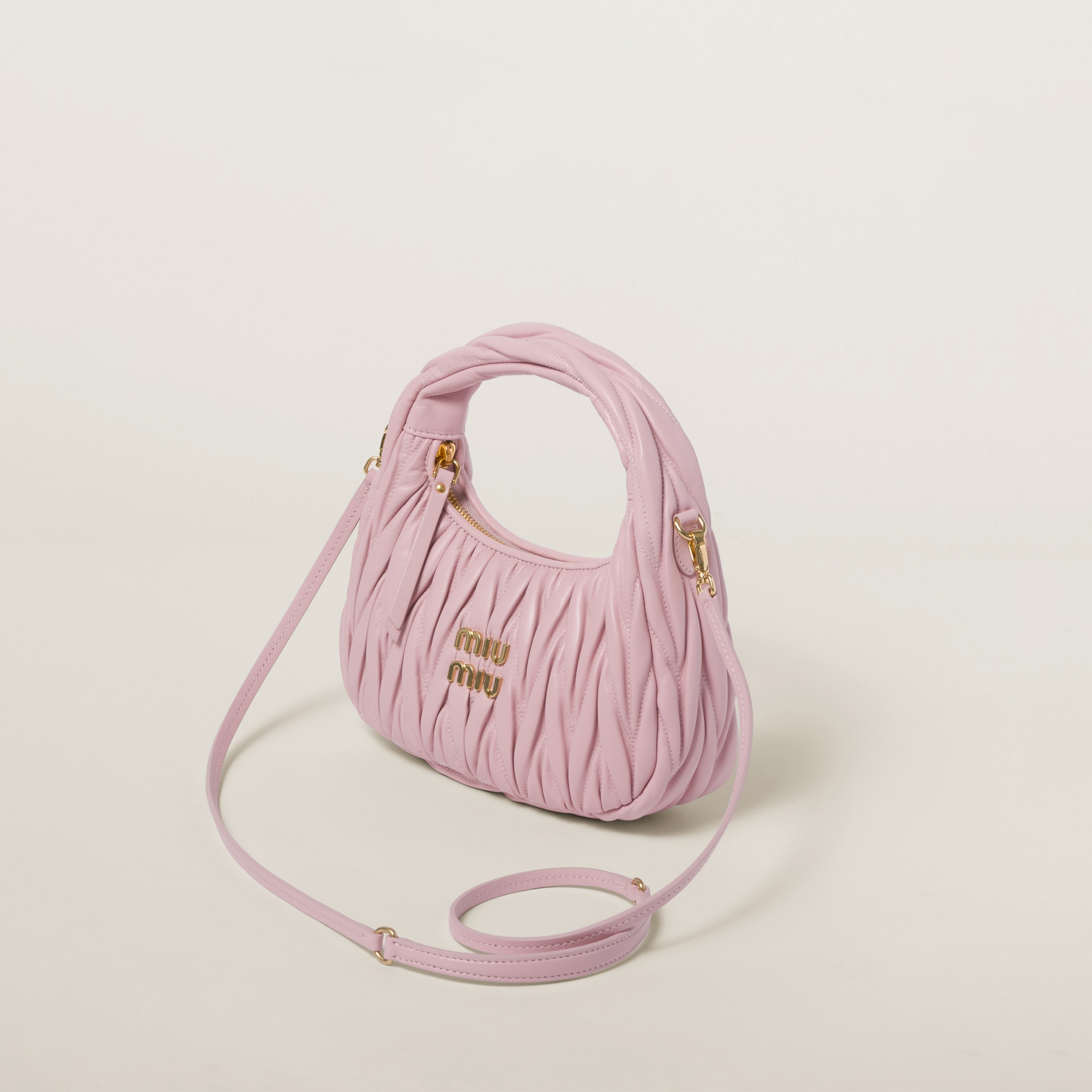 Alabaster Pink Wander Matelassé Nappa Leather Hobo Bag | Miu Miu