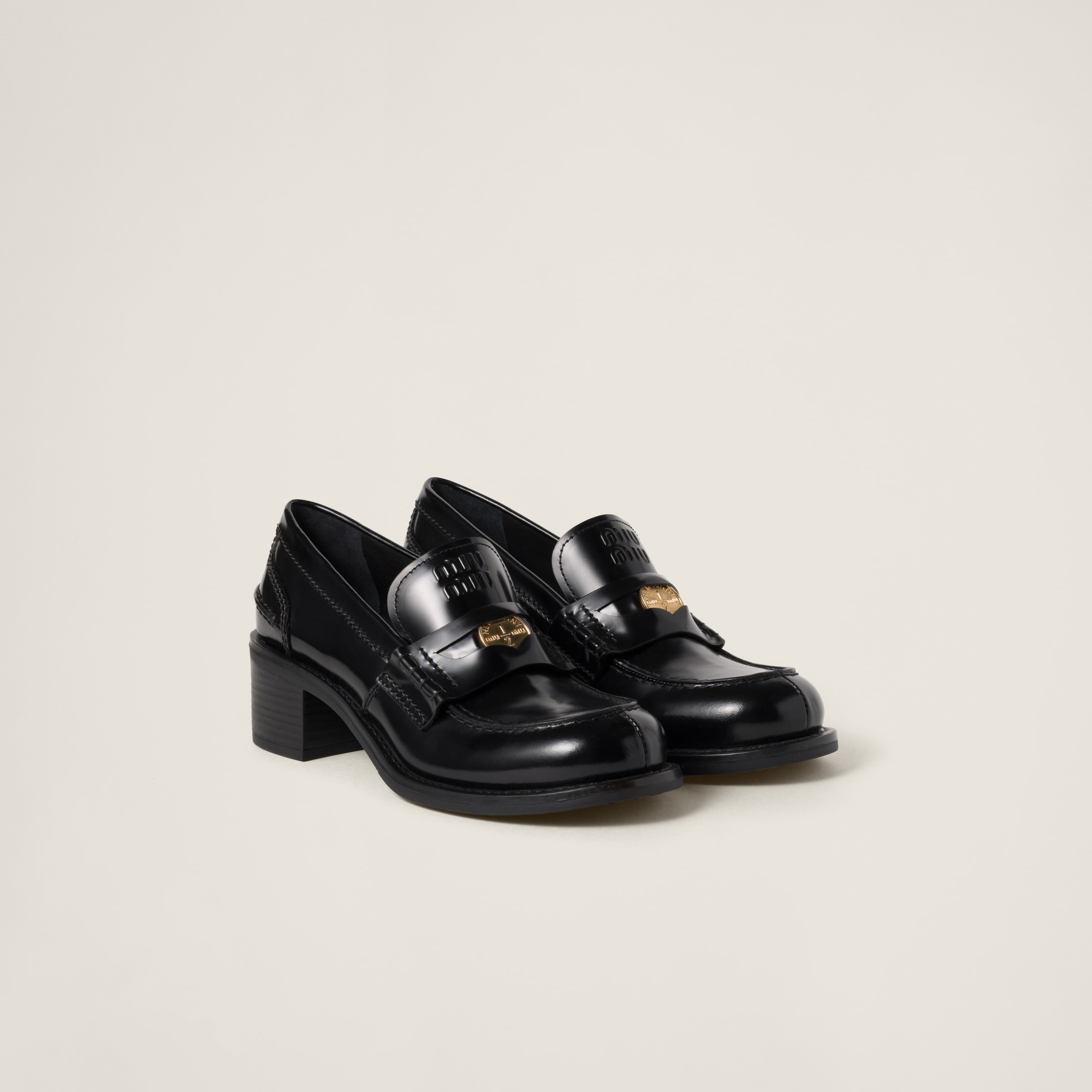 Black Brushed Leather Loafers | Miu Miu