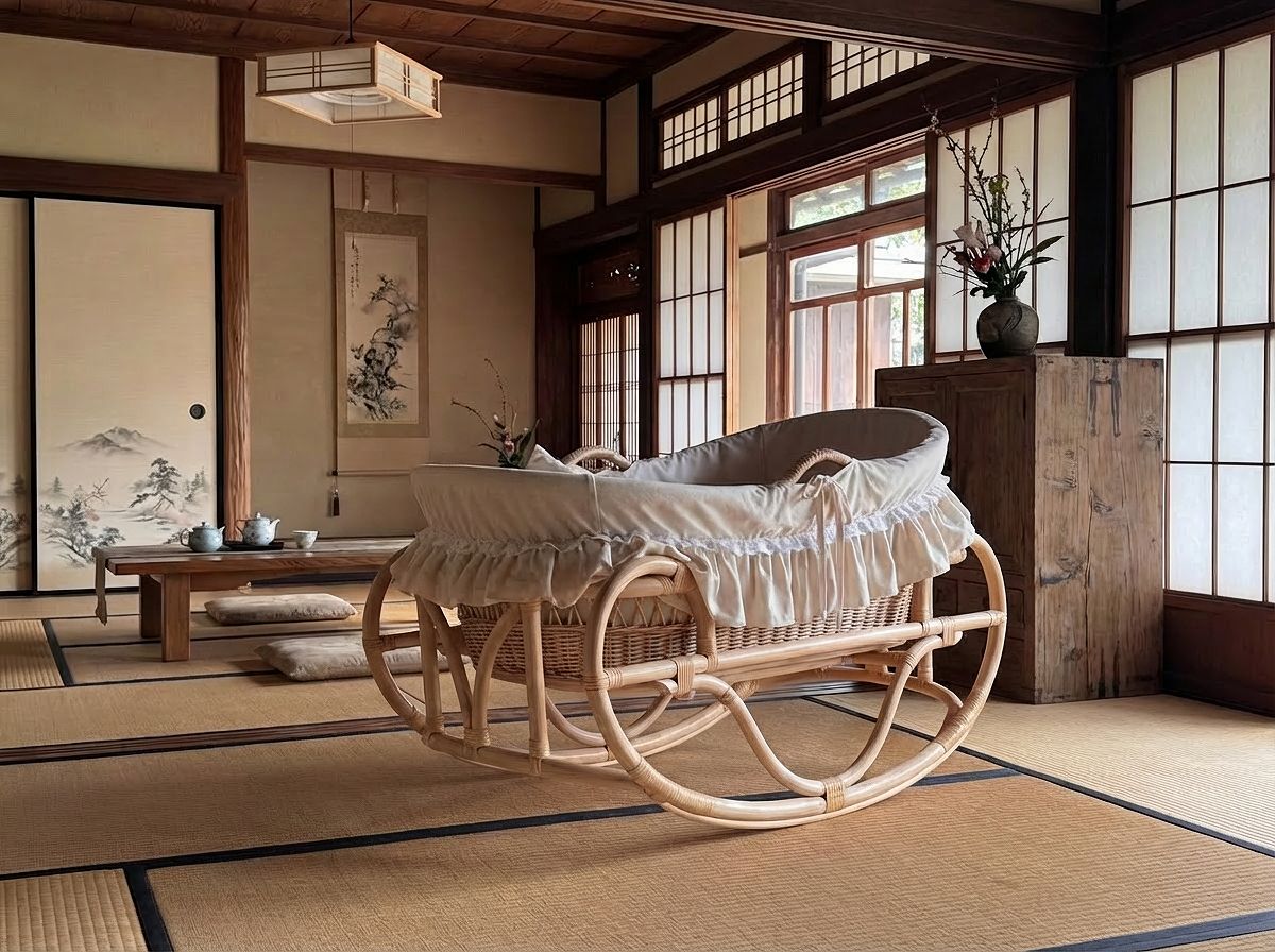 籐ゆりかご【マット/フリル付】｜BA-002 | ラタンゆりかご・ラタン