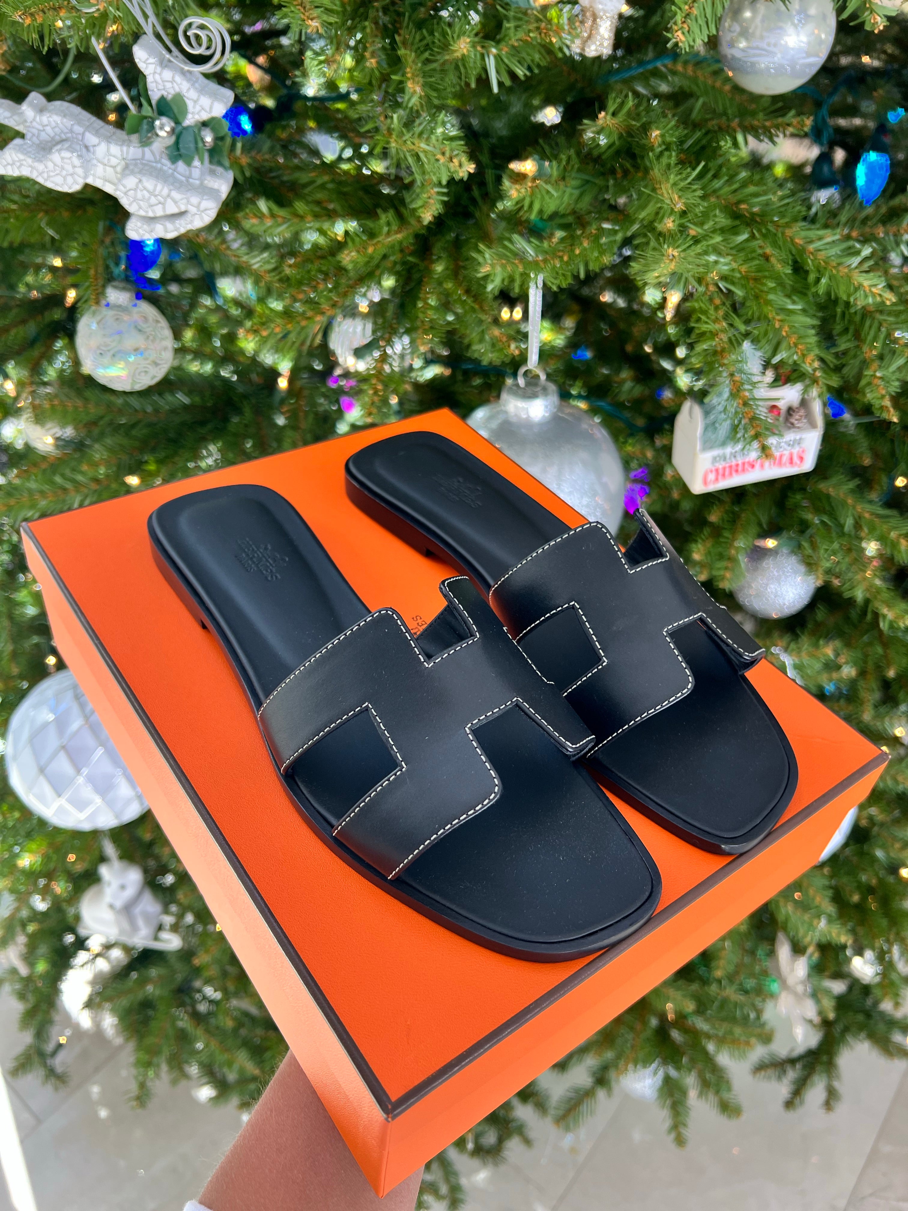 HERMES H ORAN BLACK LEATHER SANDAL MULE FLIP FLOPS SHOES FLAT