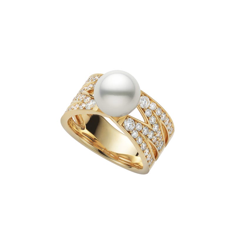 M Signature Akoya Cultured Pearl and Diamond Ring in 18K Yellow Gold