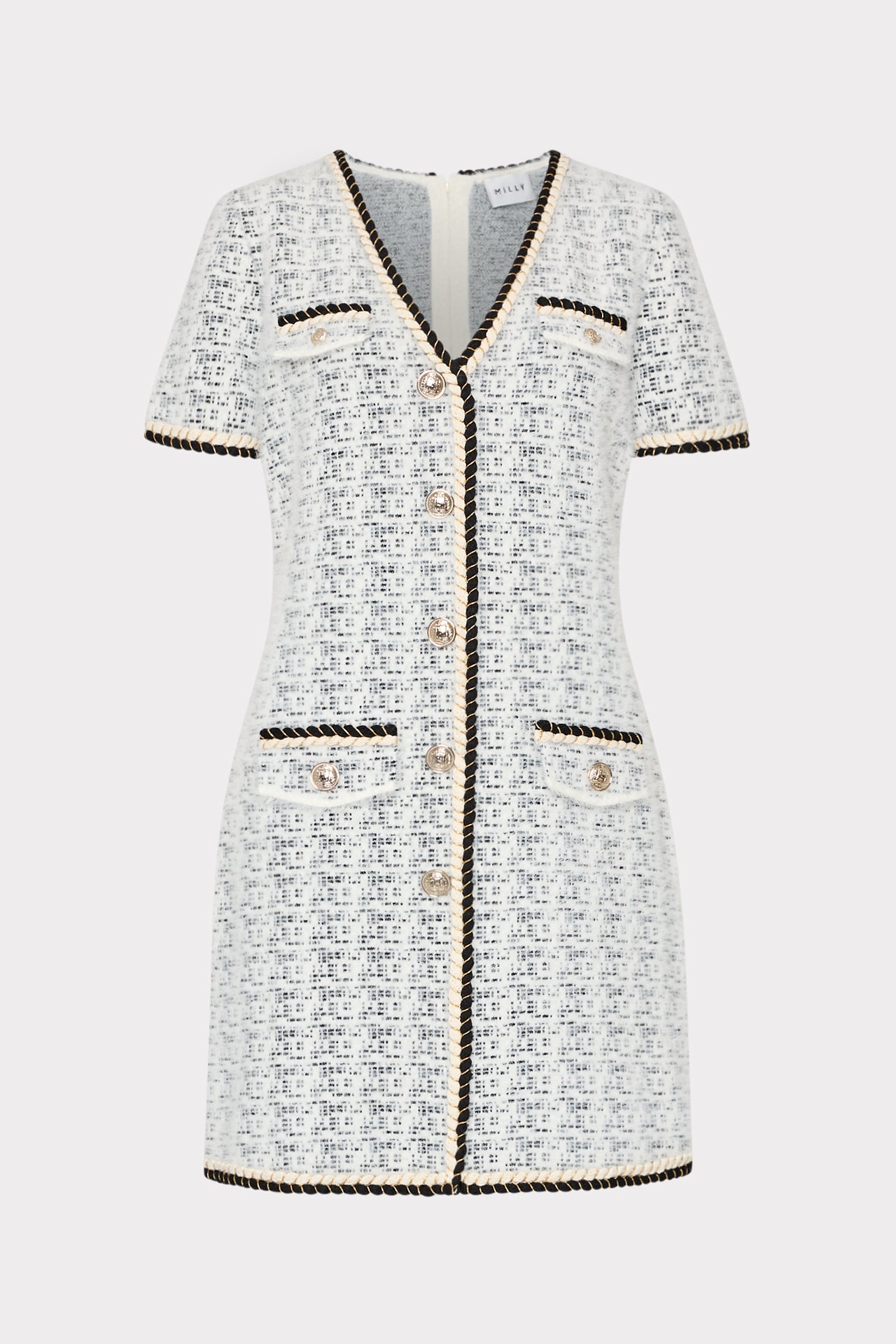 Braided V-Neck Knit Mini Dress in Ecru/Black | MILLY