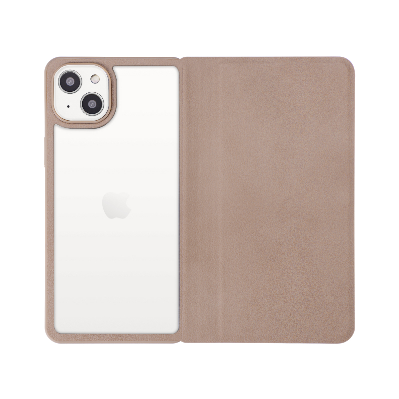 iPhone 14 Plus 軽量・背面クリアフラップケース 「Amake」 グレージュ